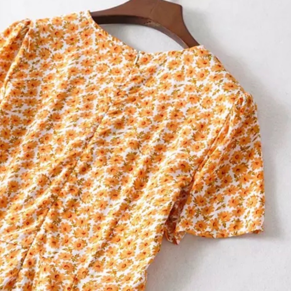 Orange Boho Floral Gypsy Print Short Sleeve Dress - Picture 7 of 8